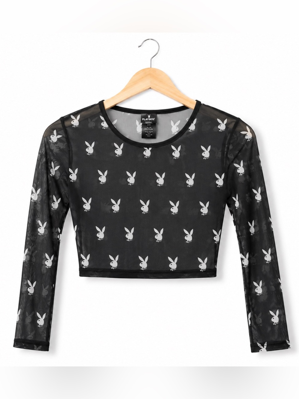 Playboy Bunny Mesh Crop Top Black Sheer Long Sleeve Y2K Coquette Grunge Size S/M